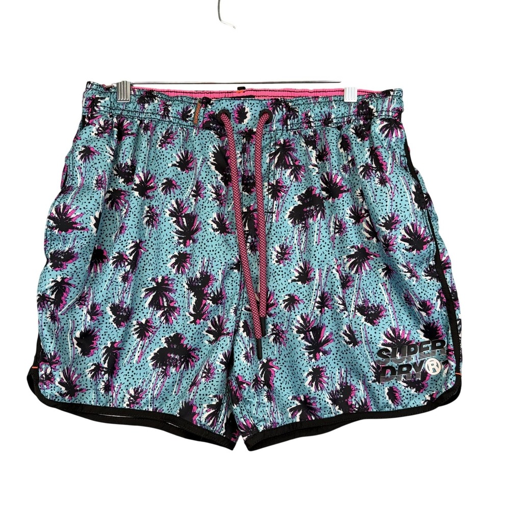 Superdry‎ Shorts Mens 2XL Blue Tropical Palm Tree Swim Trunks Lined Drawstring